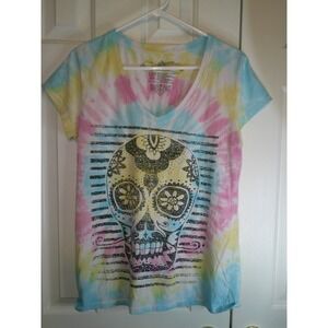 Awake Couture Tie Dye Skull Graphic V-Neck T-Shirt Extra Large‎